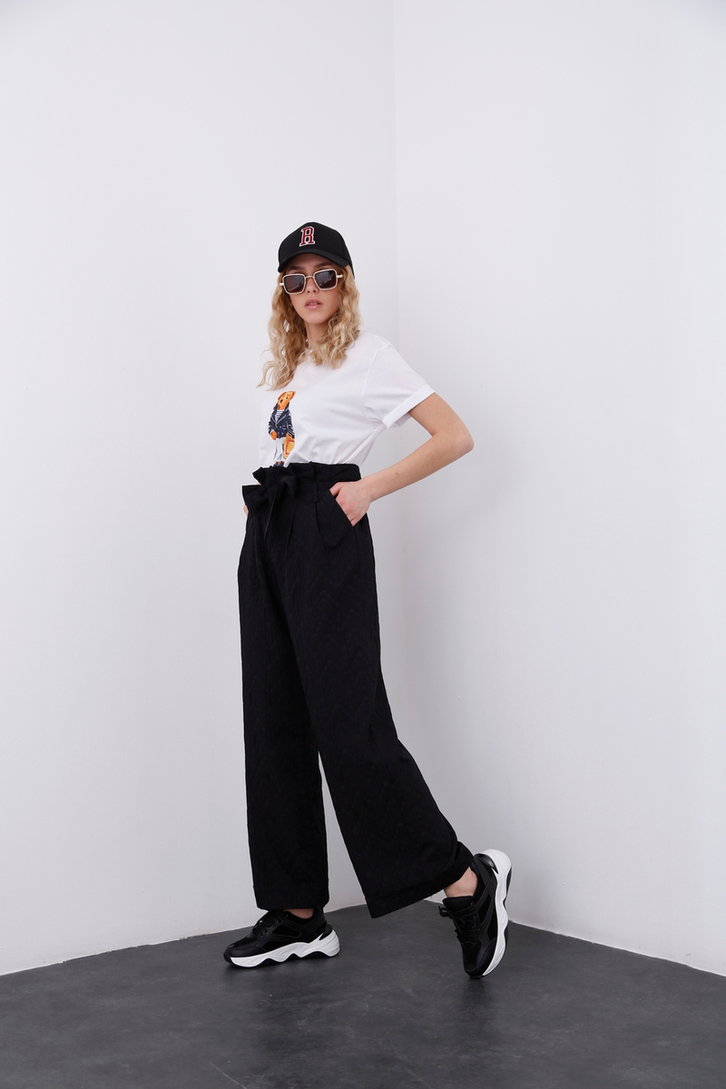 Siyah Kuşaklı Geniş Paça Pantolon 70961
