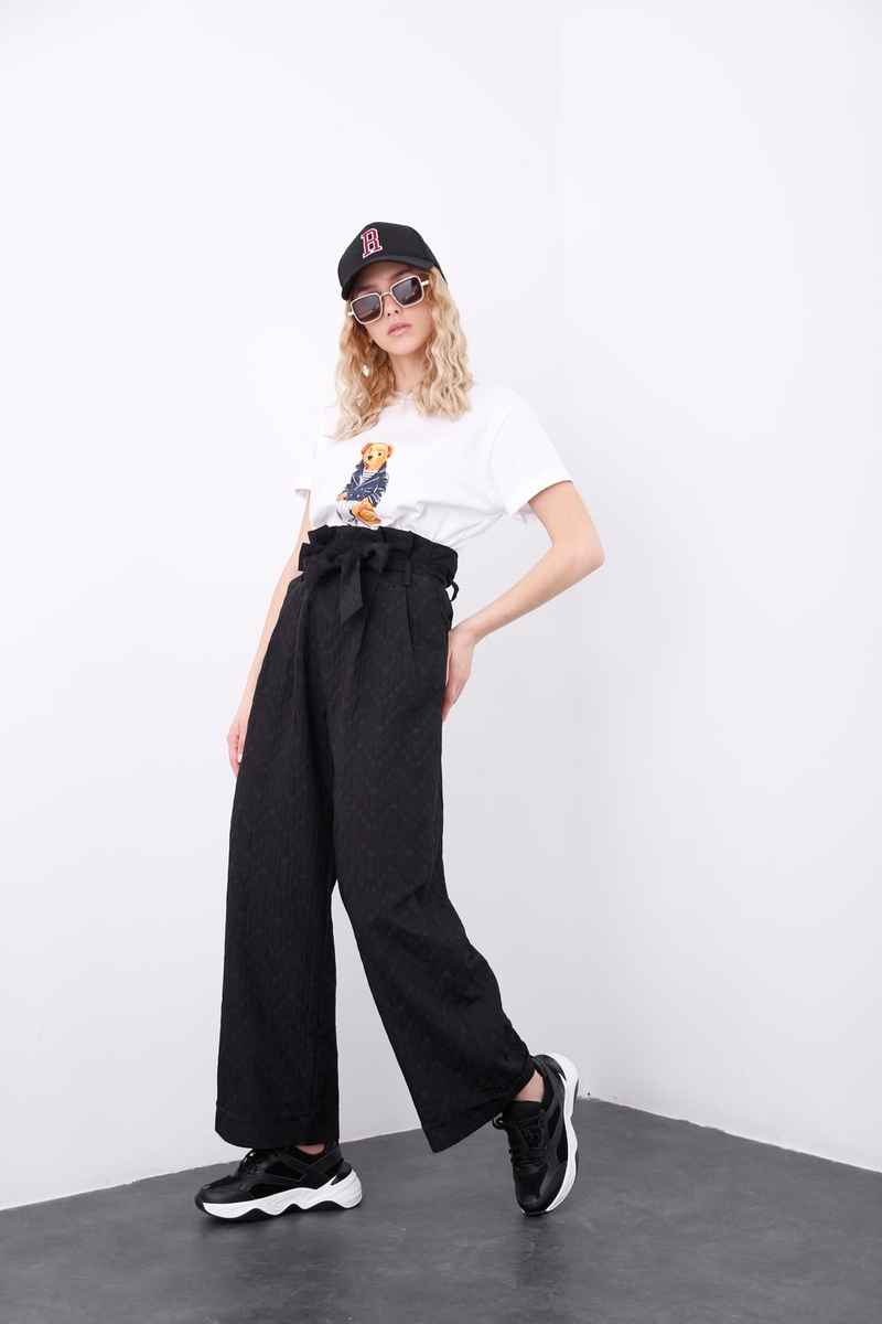Siyah Kuşaklı Geniş Paça Pantolon 70961