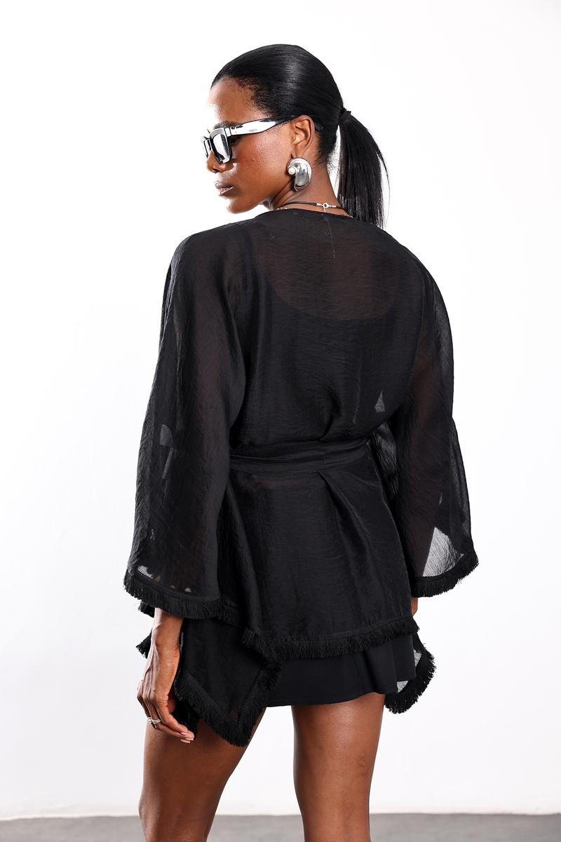 Siyah Kuşaklı Püsküllü Kimono 5101