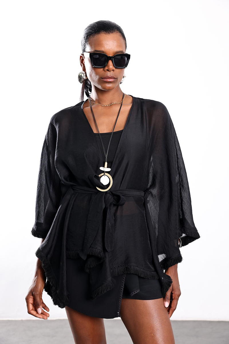 Siyah Kuşaklı Püsküllü Kimono 5101
