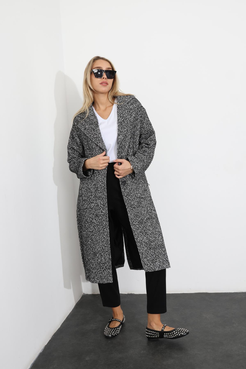 Siyah Kuşaklı Torba Cepli Maxi Boy Palto 99102