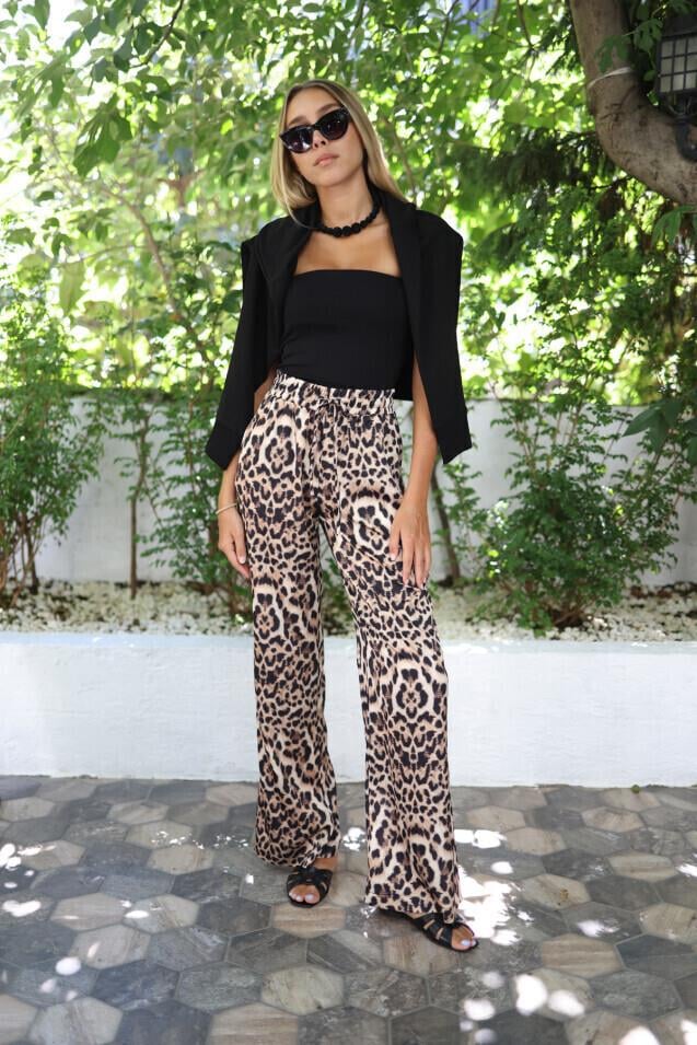 Siyah Leopar Desen Saten Pantolon 33409