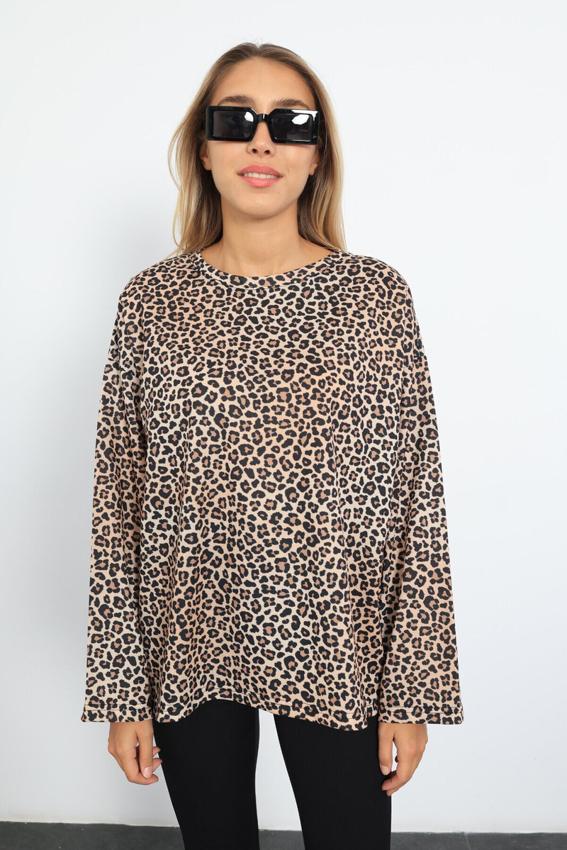 Siyah Leopar Desen Uzun Kollu Tişört 70129