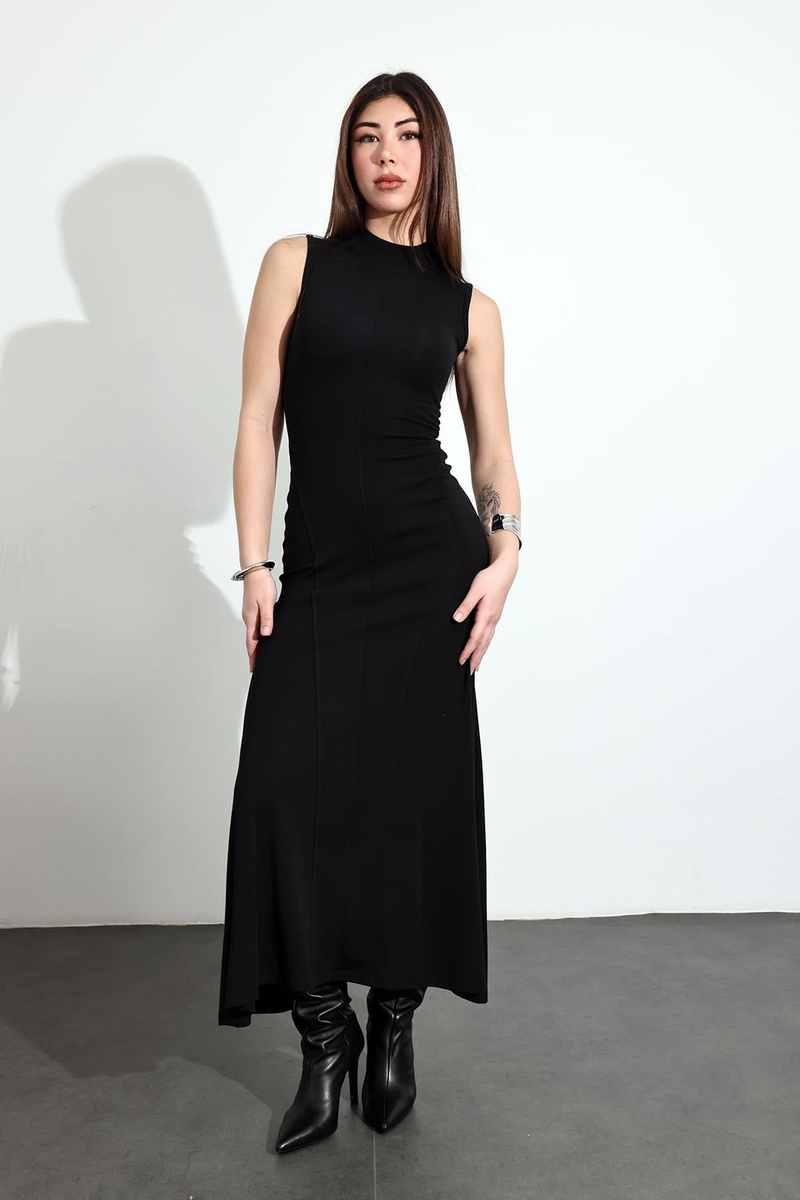 Siyah Maxi Boy Sıfır Kol Elbise 4786