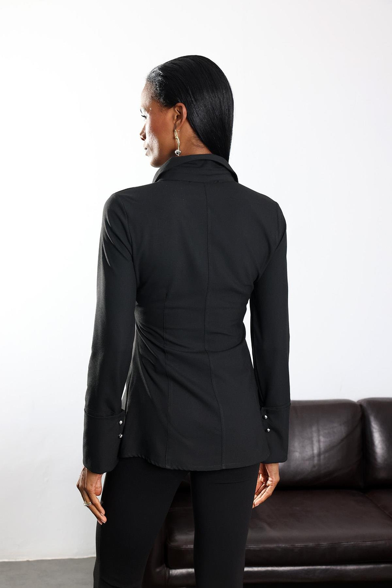 Siyah Metal Düğmeli Slim Fit Gömlek 1289