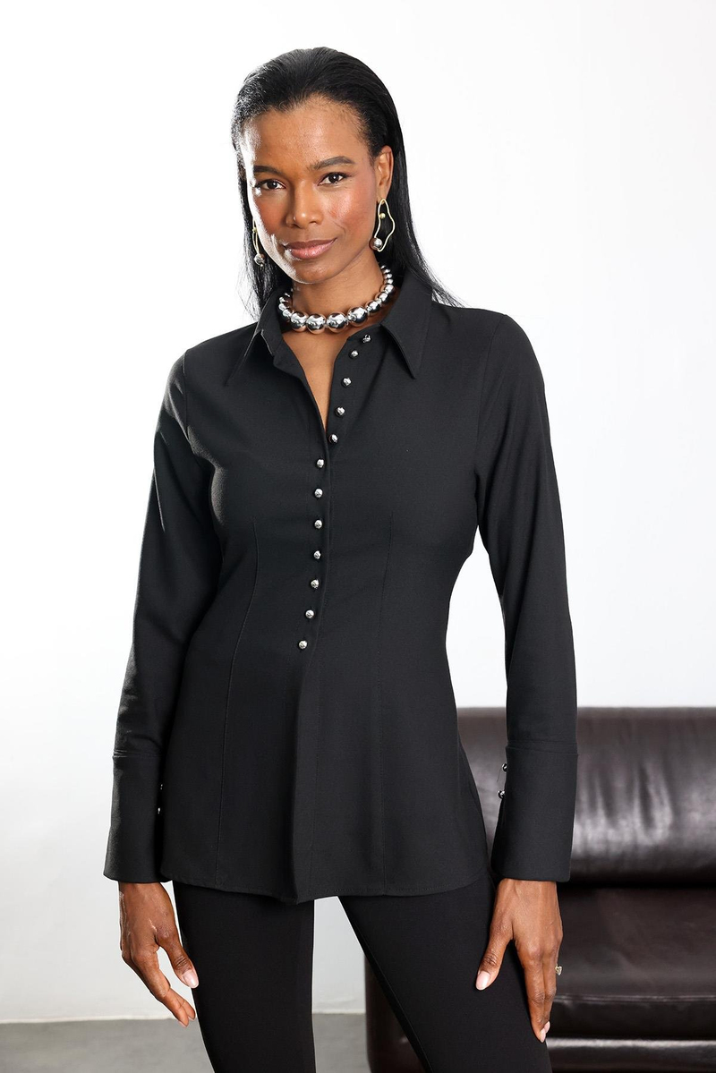 Siyah Metal Düğmeli Slim Fit Gömlek 1289