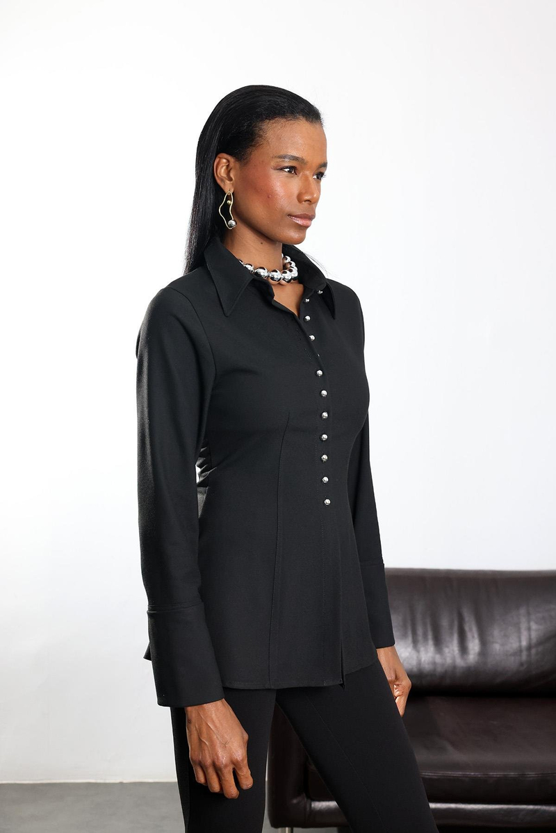 Siyah Metal Düğmeli Slim Fit Gömlek 1289