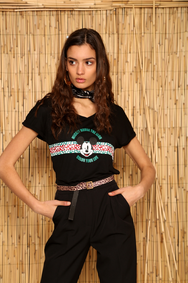 Siyah Mickey Baskılı V Yaka Tshirt