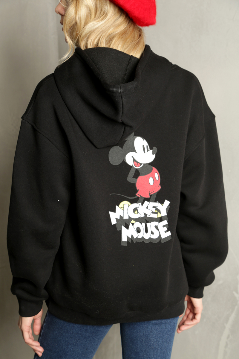 Siyah Mickey Mouse Baskılı Kapşonlu Sweatshirt