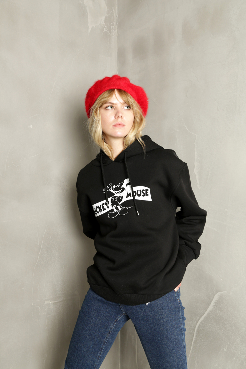 Siyah Mickey Mouse Baskılı Kapşonlu Sweatshirt