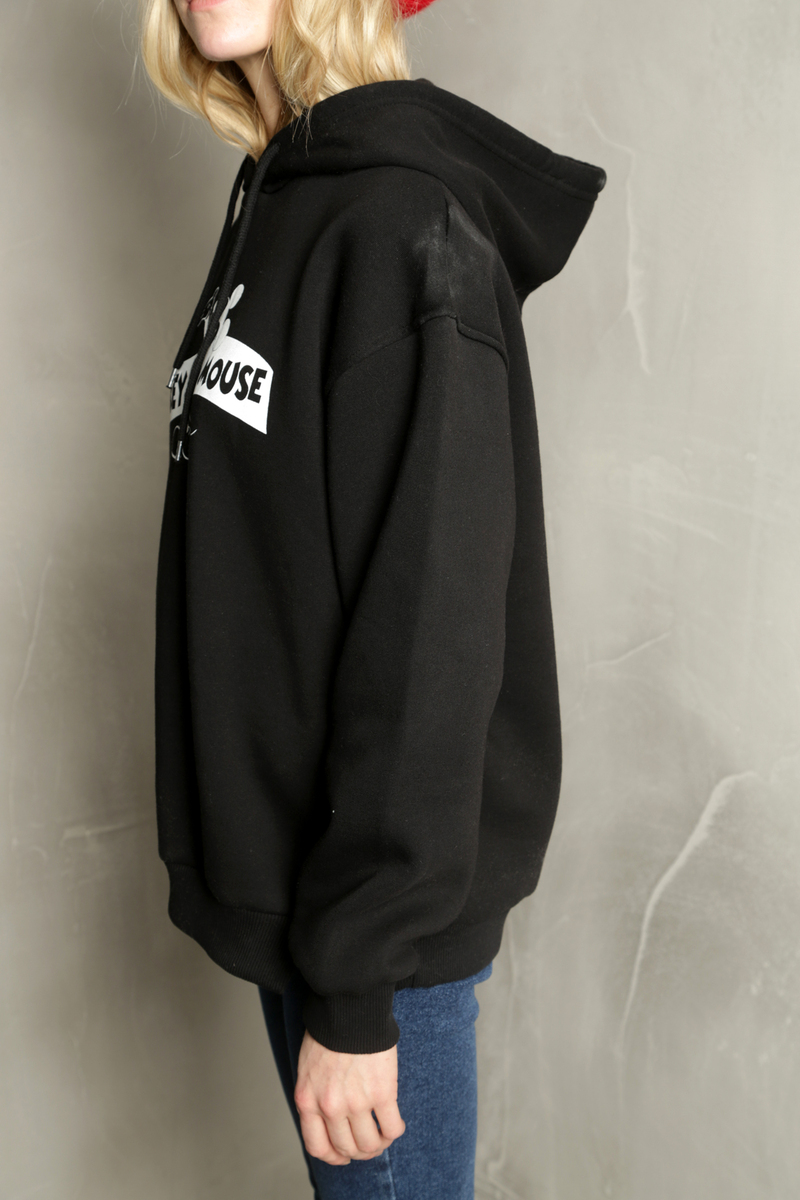 Siyah Mickey Mouse Baskılı Kapşonlu Sweatshirt