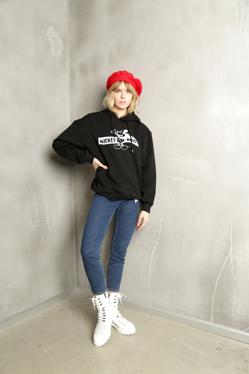 Siyah Mickey Mouse Baskılı Kapşonlu Sweatshirt