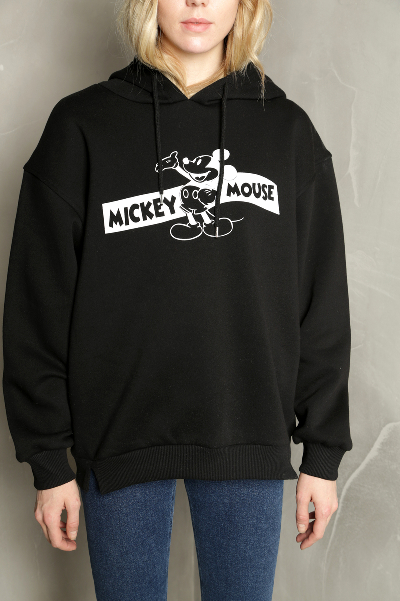 Siyah Mickey Mouse Baskılı Kapşonlu Sweatshirt