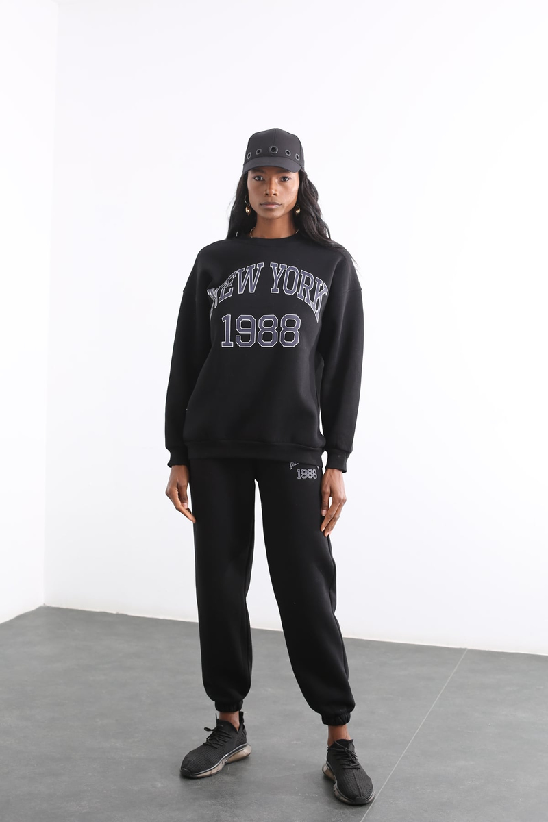 Siyah Newyork Baskılı Sweatshirt Takım 3846
