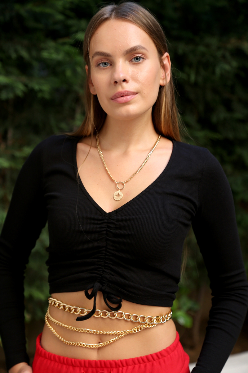 Siyah Önü Büzgülü Bluz 3215