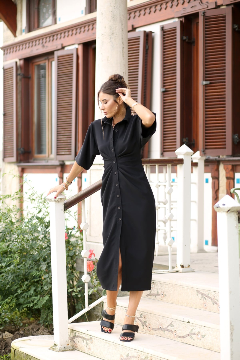 Siyah Önü Büzgülü Gömlek Yaka Elbise 018