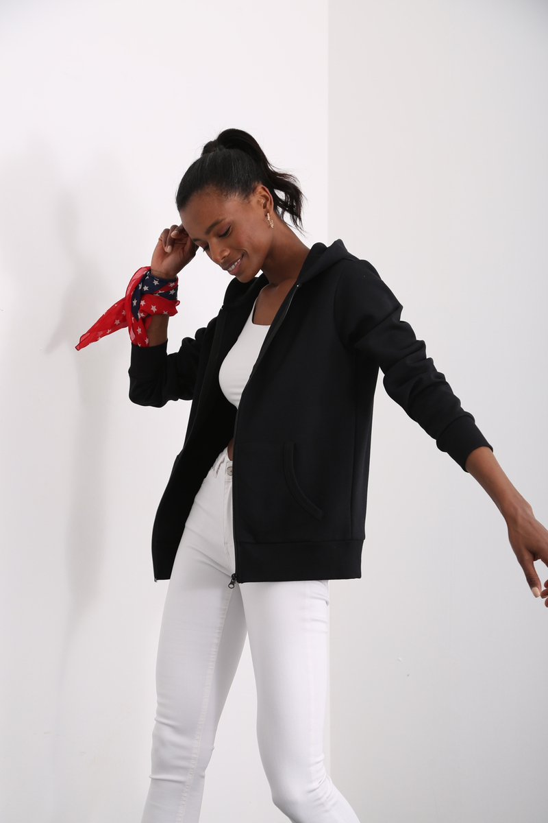 Siyah Organik Unisex Fermuarlı Sweatshirt 