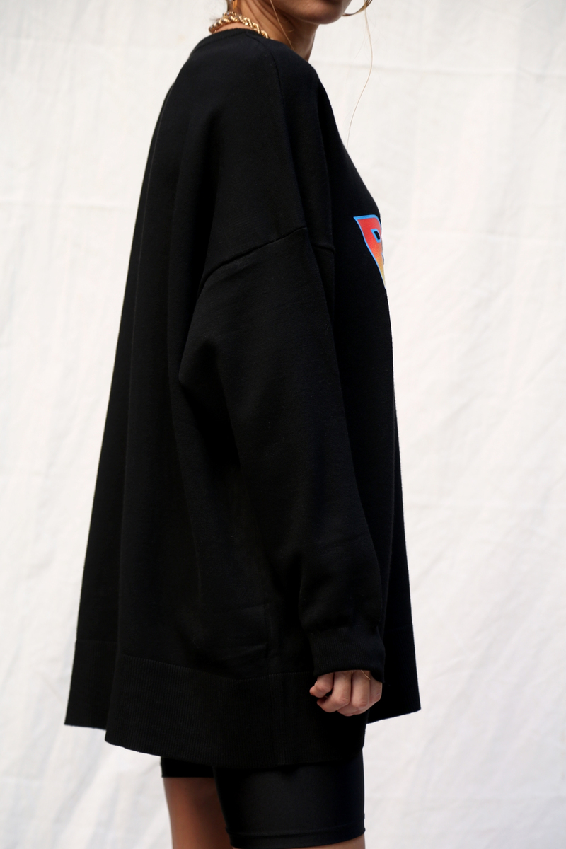 Siyah Oversize Baskılı Triko 