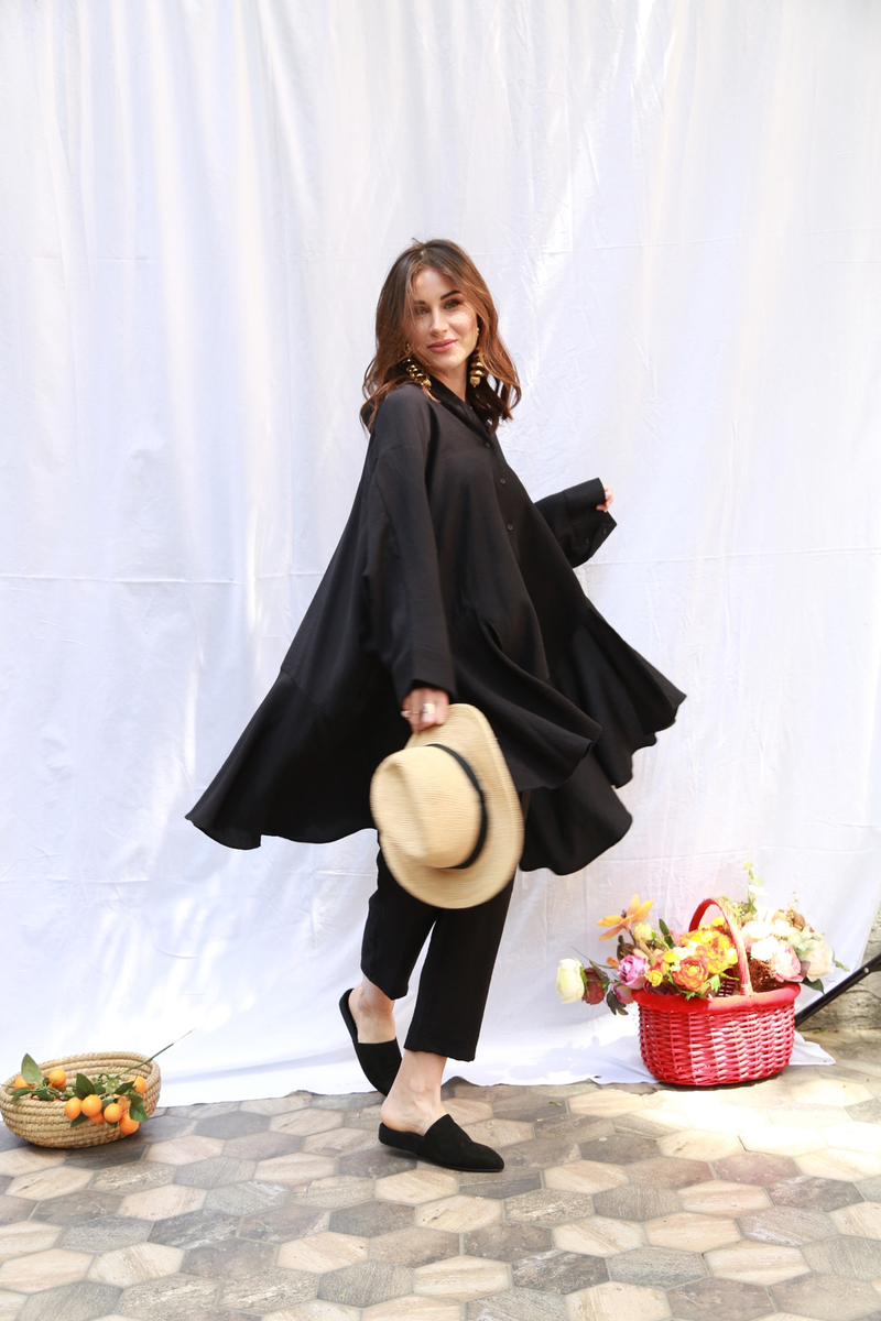 Siyah Oversize Keten Takım