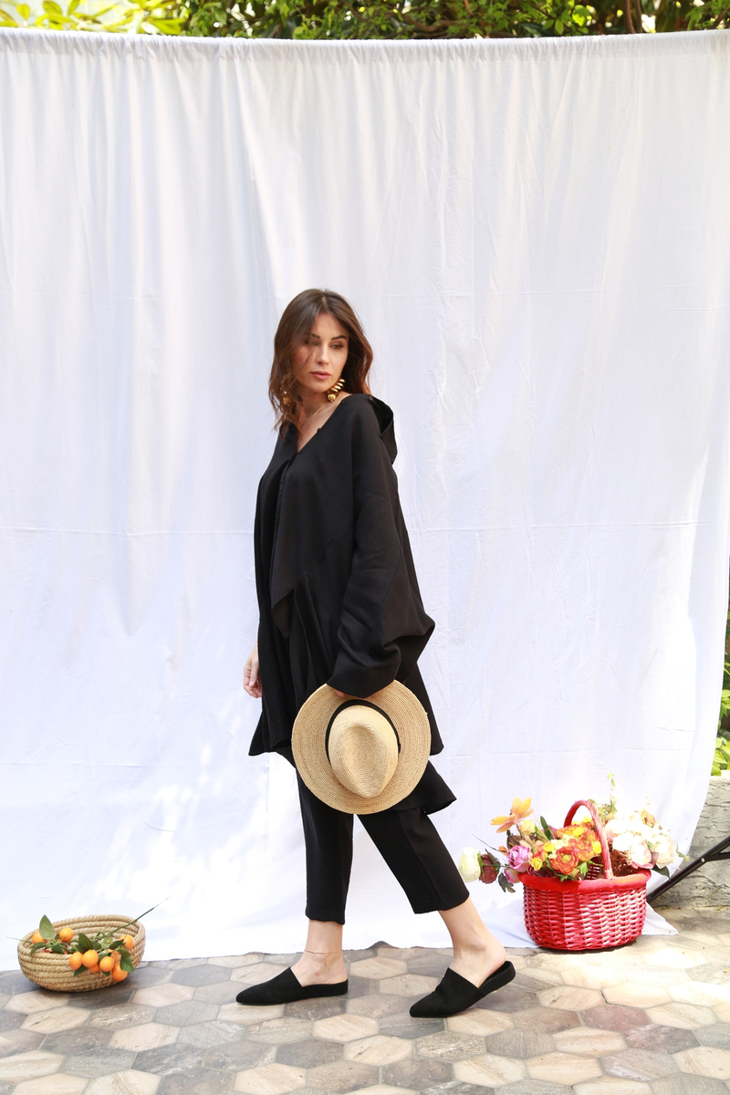 Siyah Oversize Keten Takım