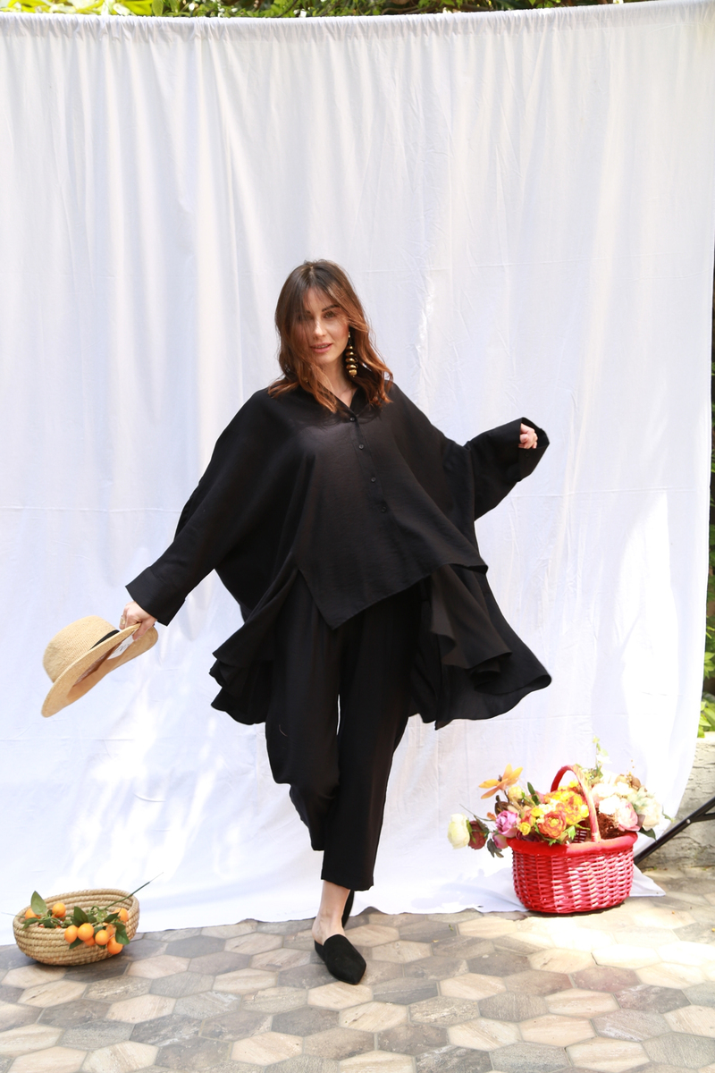 Siyah Oversize Keten Takım