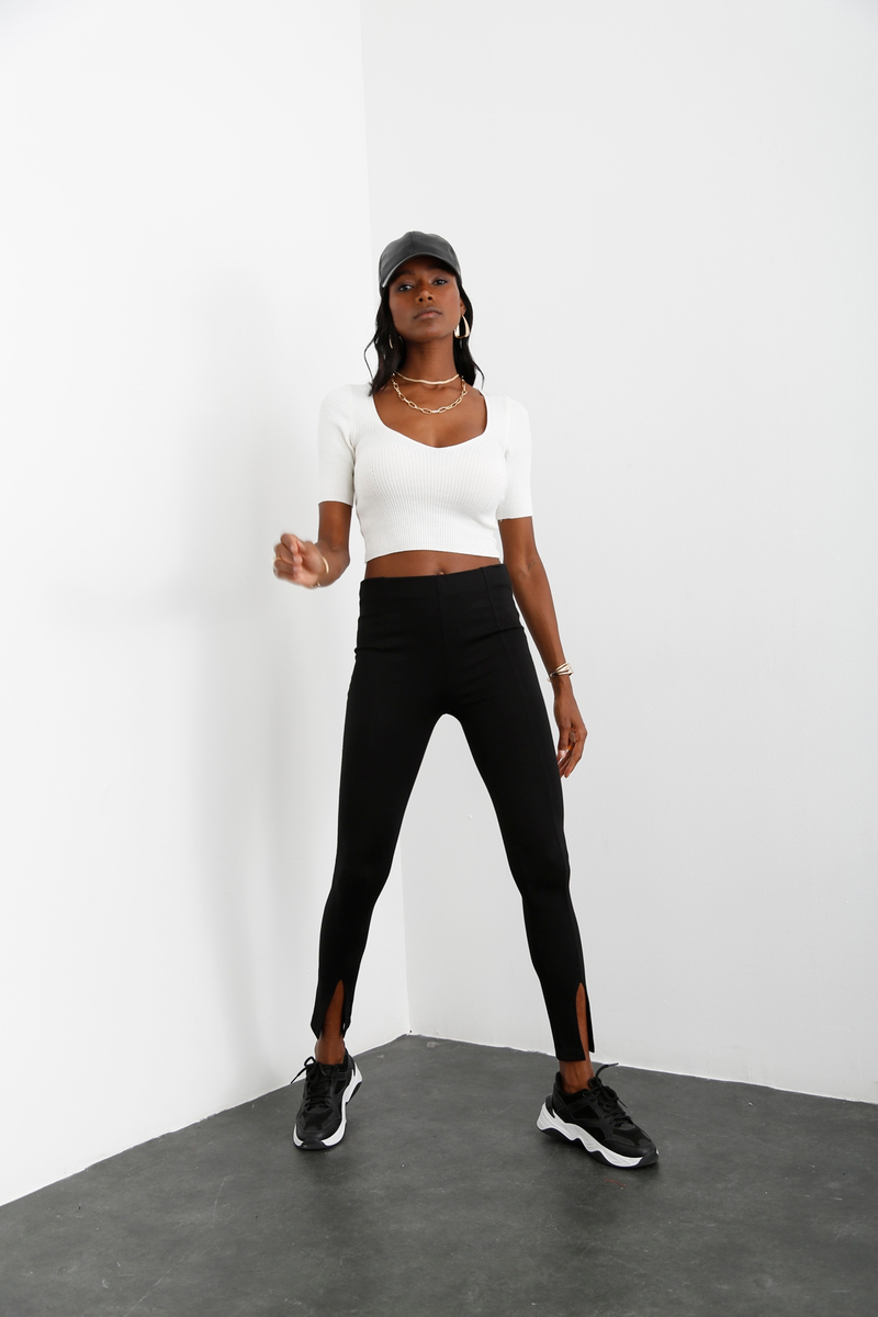 Siyah Paçası Yırtmaçlı Çelik Tayt 03