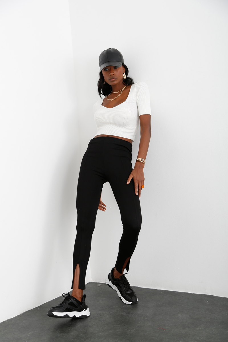 Siyah Paçası Yırtmaçlı Çelik Tayt 03