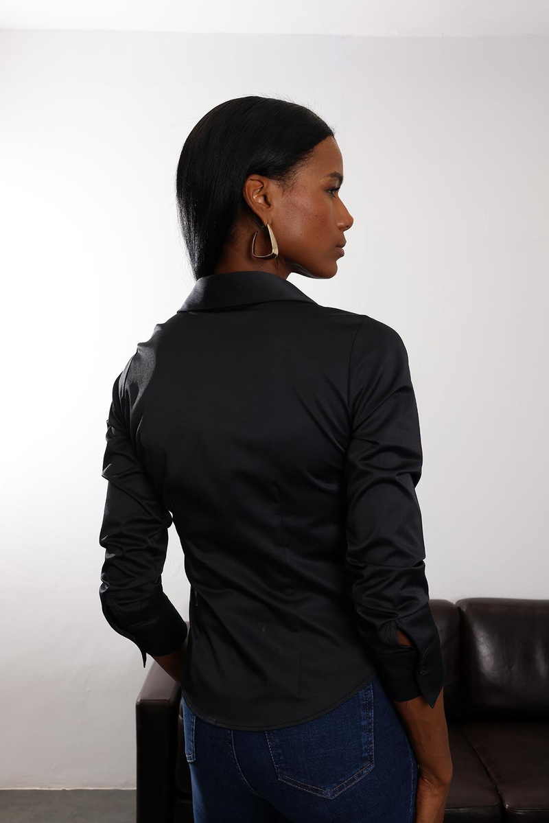 Siyah Parlak Bitişli Slim Fit Gömlek 4897