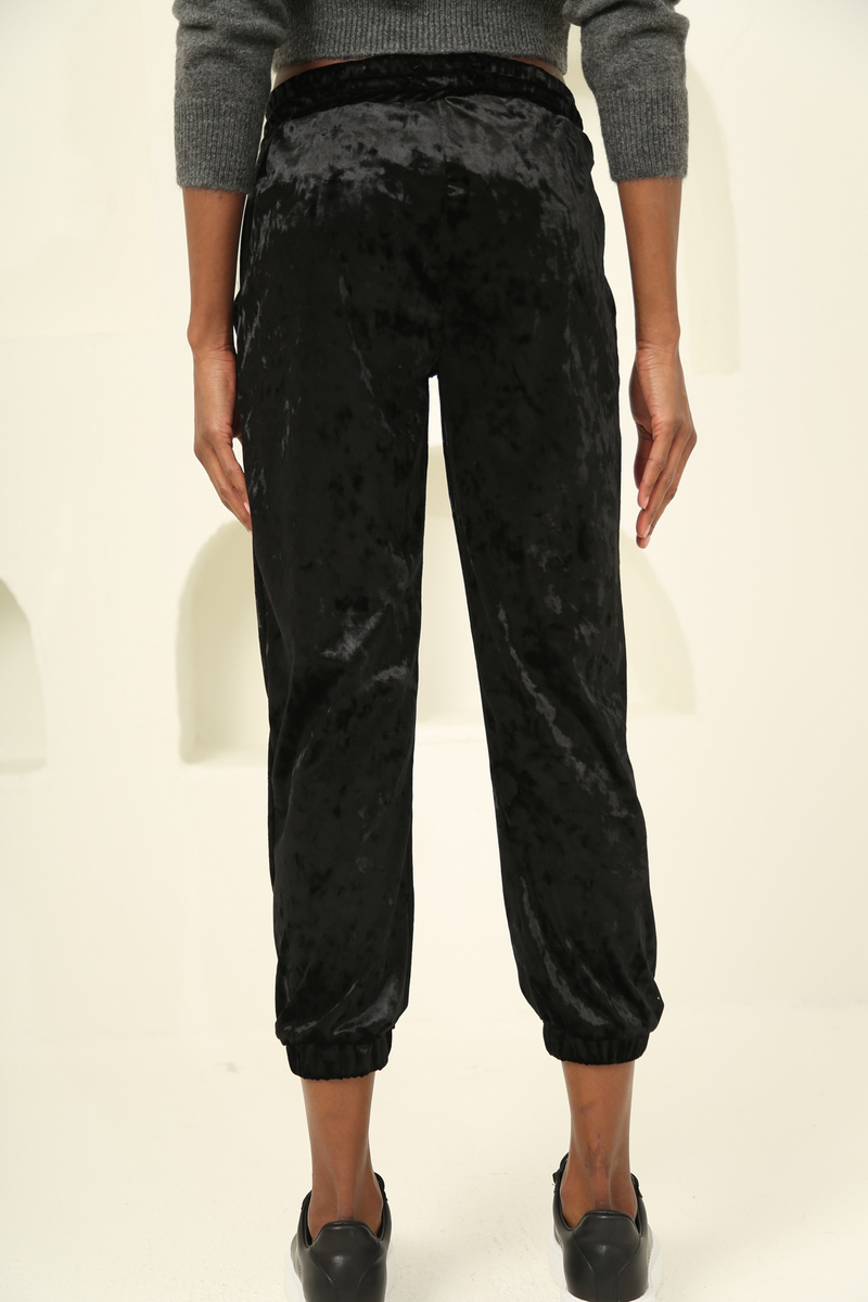 Siyah Parlak Kadife Jogger Eşofman 2148