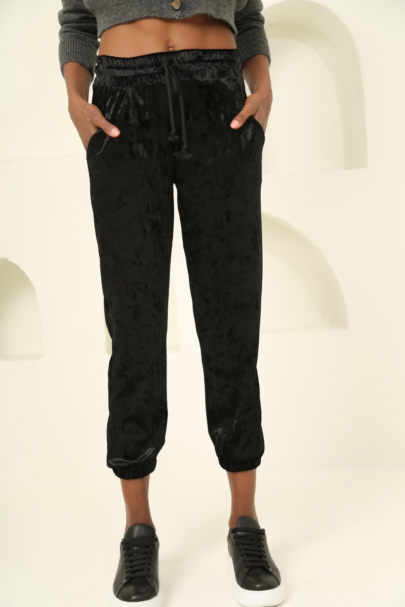 Siyah Parlak Kadife Jogger Eşofman 2148