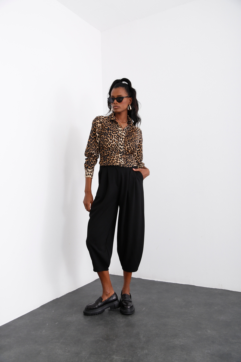 Siyah Pile Detaylı Şalvar Pantolon 0162