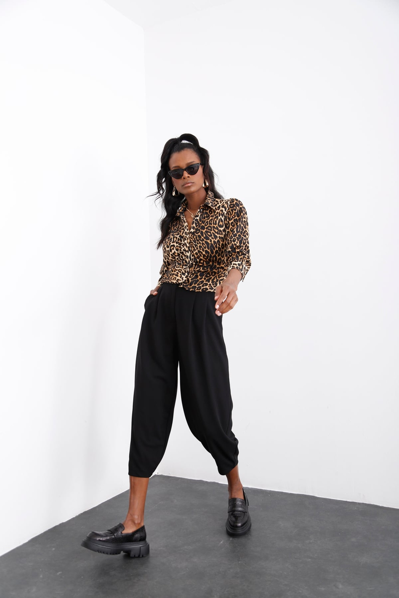 Siyah Pile Detaylı Şalvar Pantolon 0162