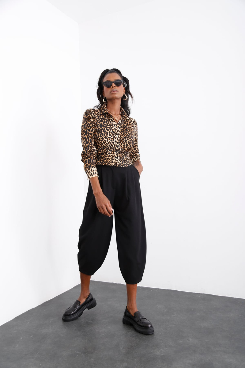 Siyah Pile Detaylı Şalvar Pantolon 0162