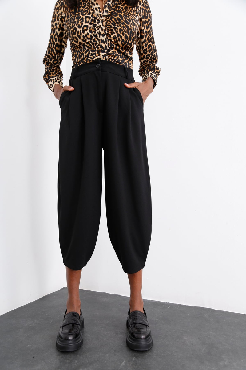 Siyah Pile Detaylı Şalvar Pantolon 0162