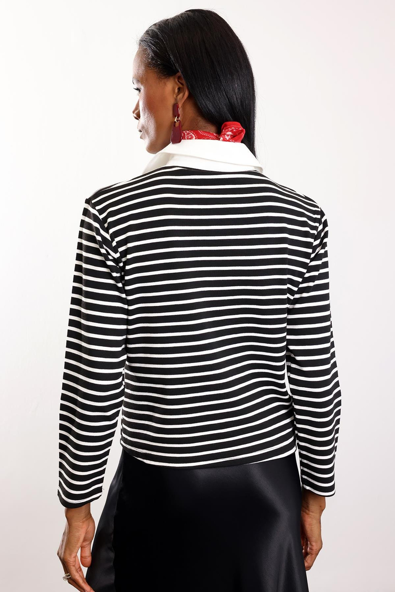 Siyah Polo Yaka Çizgili Sweatshirt 0193