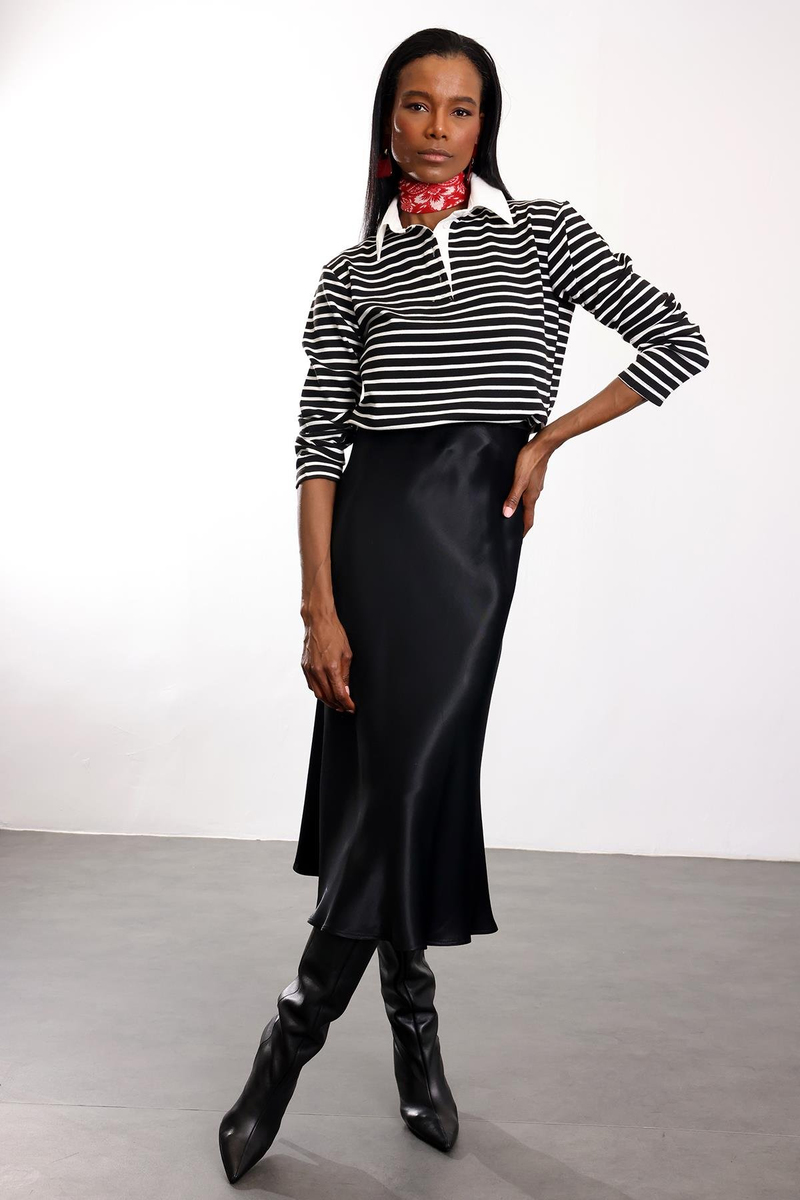 Siyah Polo Yaka Çizgili Sweatshirt 0193