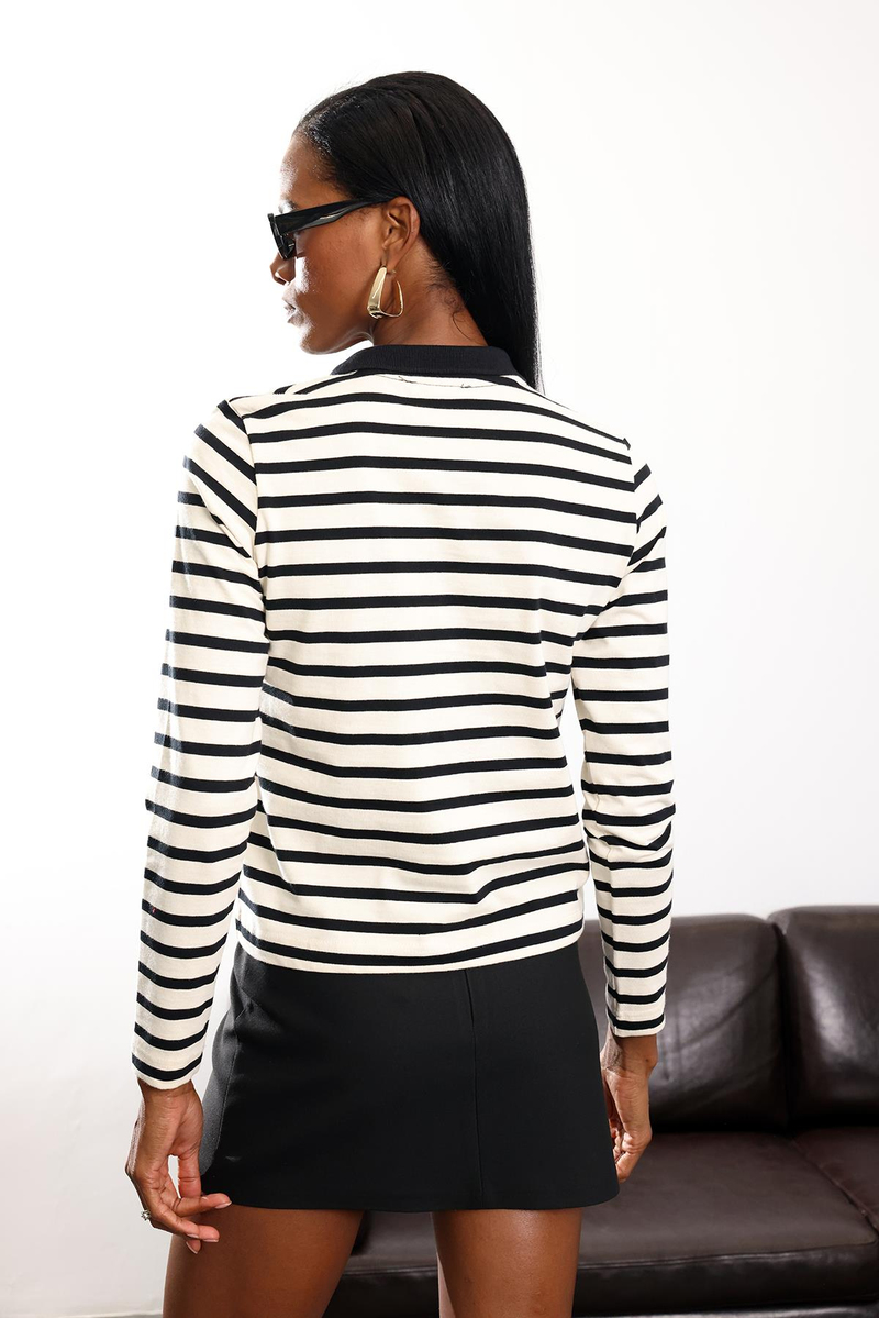 Siyah Polo Yaka Çizgili Sweatshirt 25026