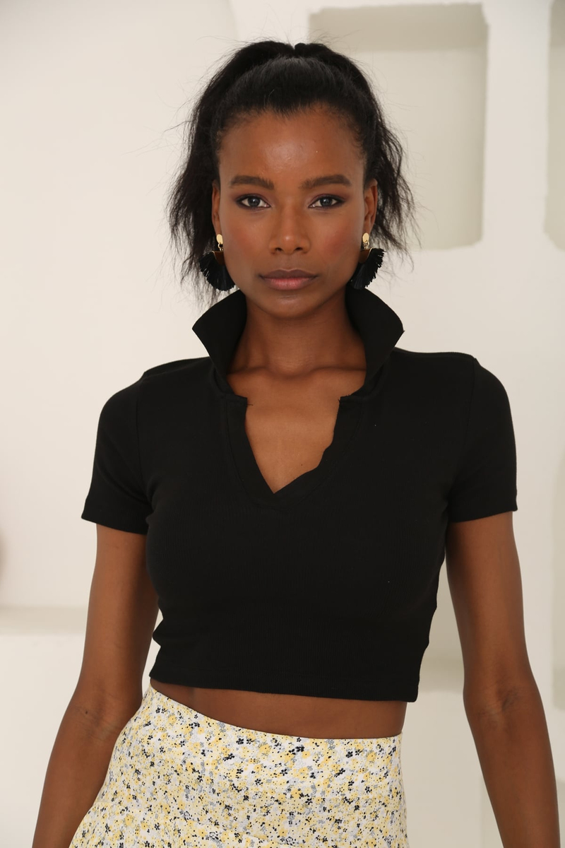 Siyah Polo Yaka Crop Tshirt 1490