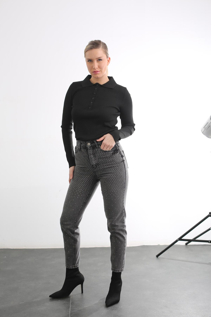 Siyah Polo Yaka Fitilli Triko 0613