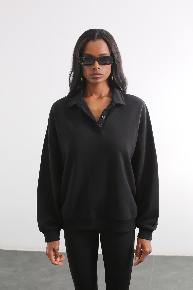 Siyah Polo Yaka Sweatshirt 