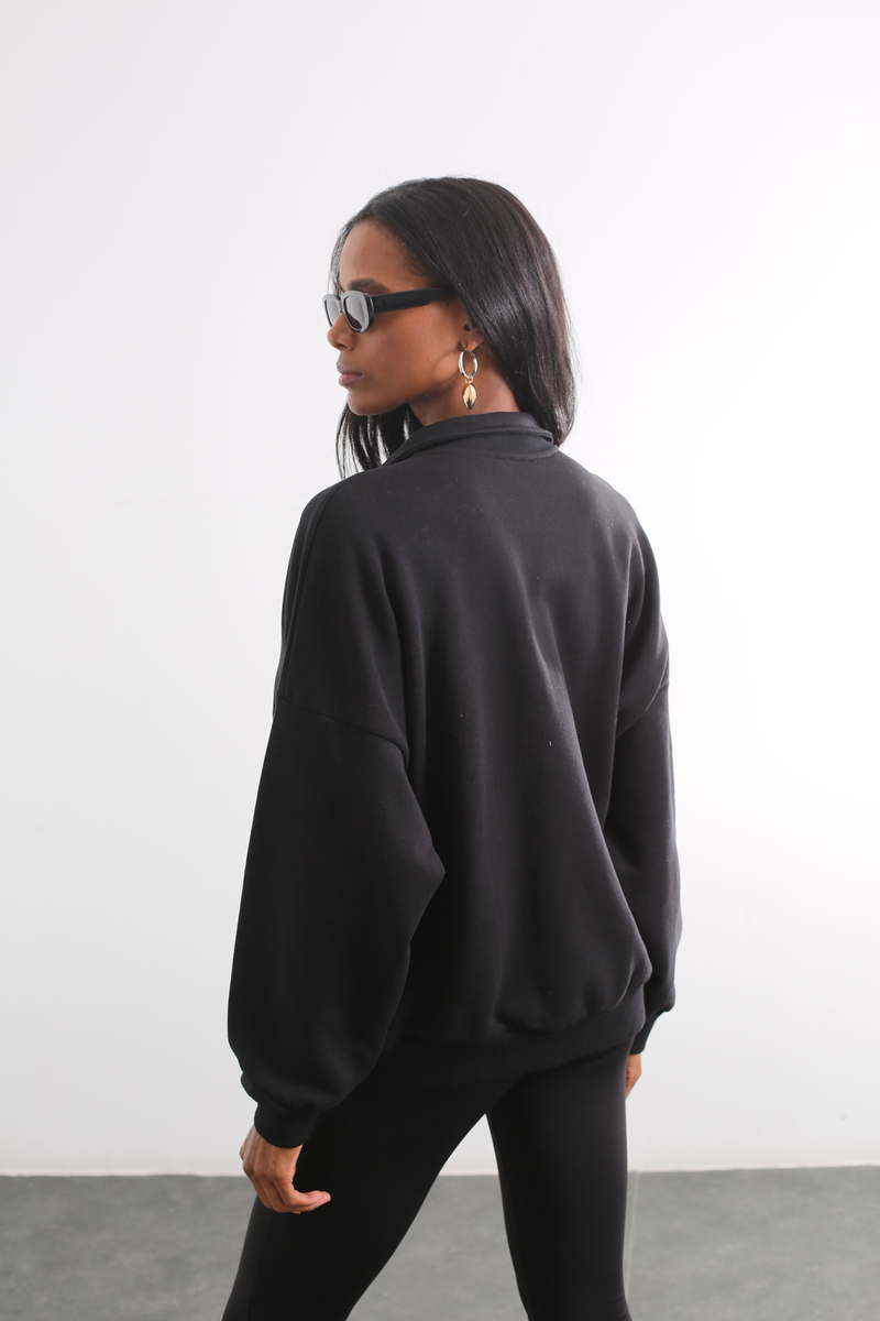 Siyah Polo Yaka Sweatshirt 