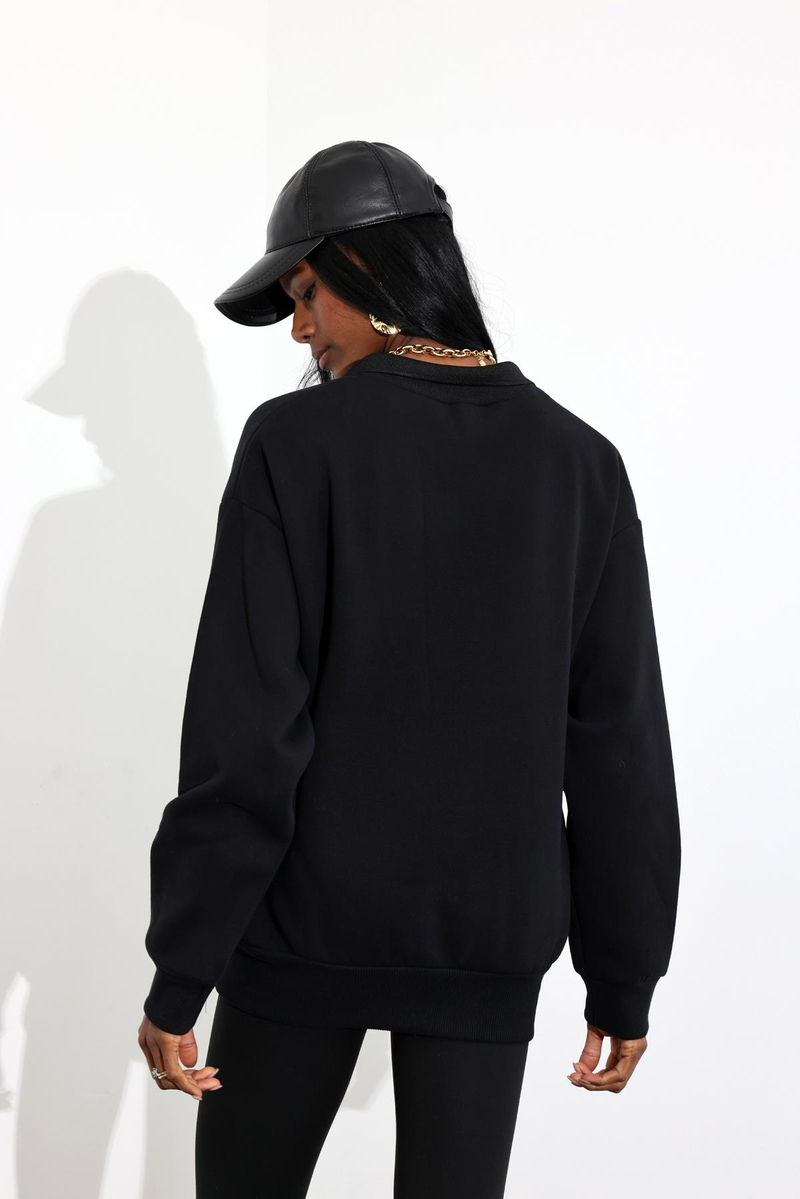 Siyah Polo Yaka Teddy Baskılı Sweatshirt 111042