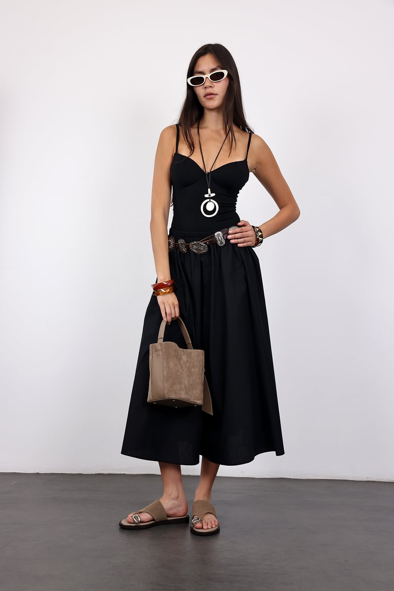 Siyah Poplin Midi Etek 4603