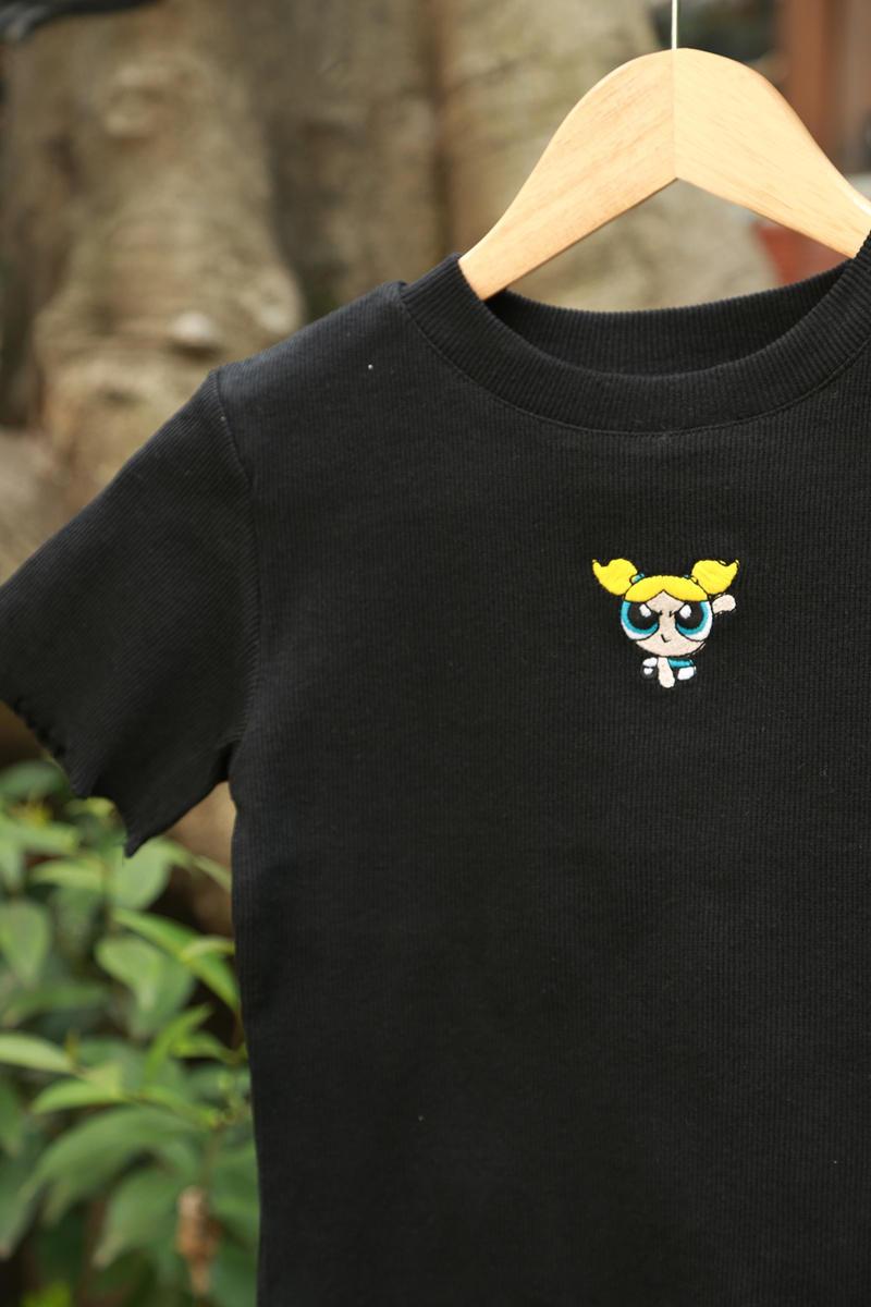Siyah Powerpuff Girls Nakışlı Tshirt