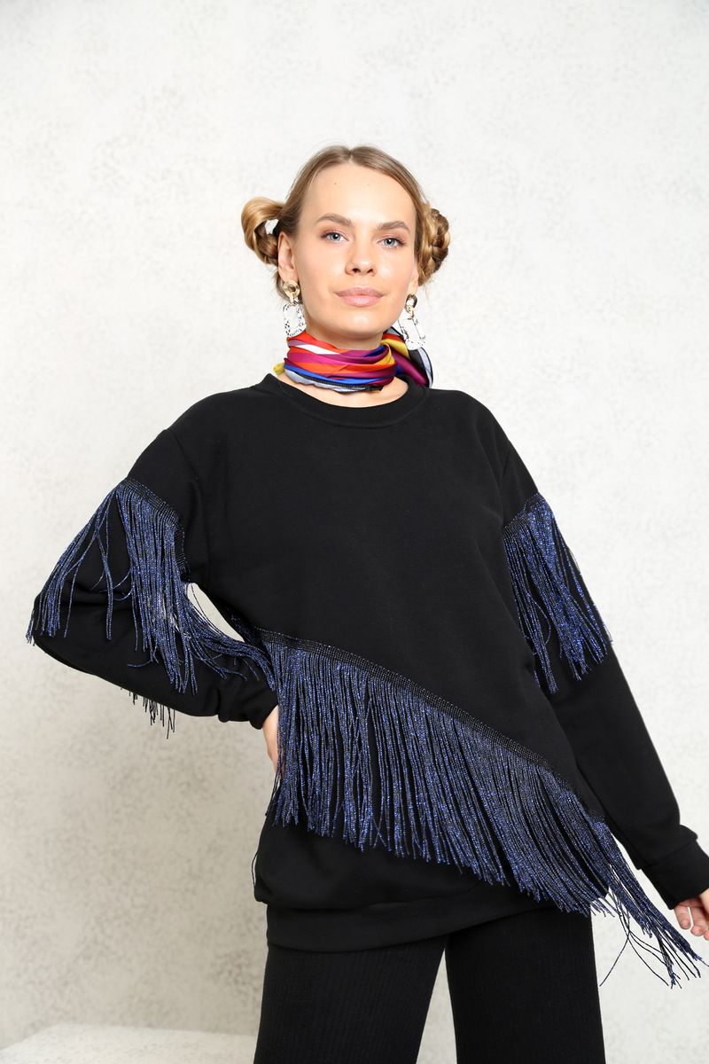 Siyah Saçaklı Sweatshirt