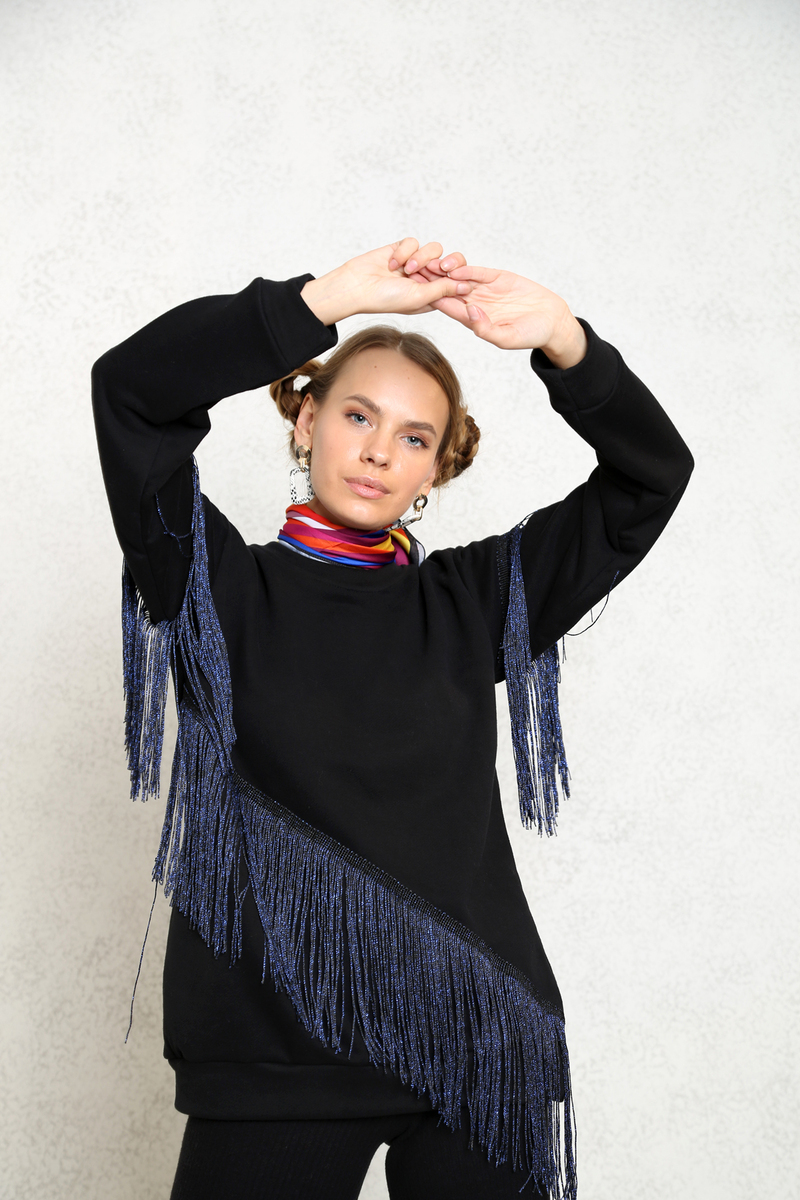 Siyah Saçaklı Sweatshirt