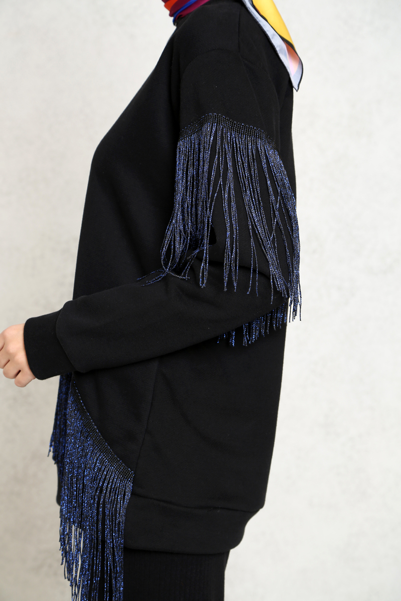 Siyah Saçaklı Sweatshirt