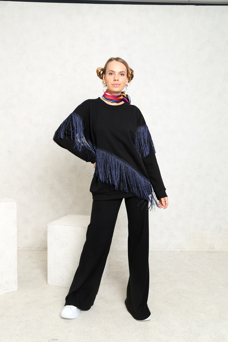 Siyah Saçaklı Sweatshirt