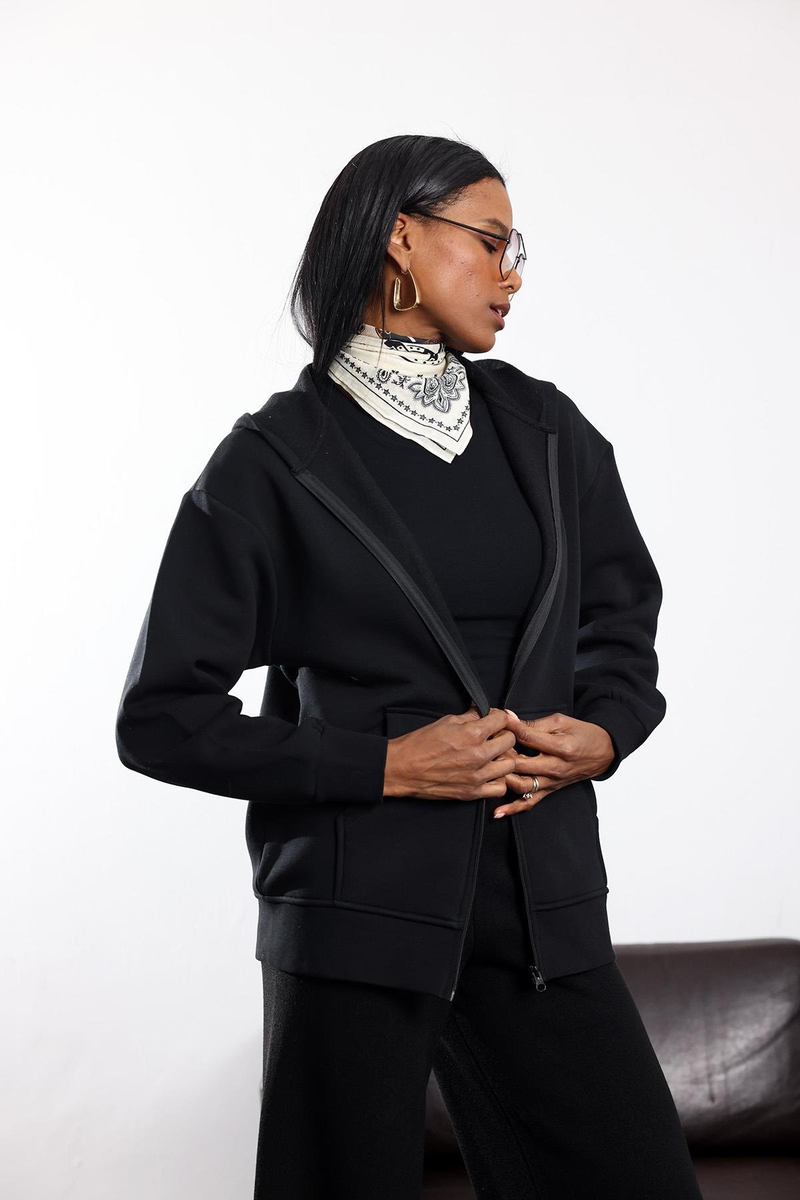 Siyah Şardonlu Fermuarlı Sweatshirt 042