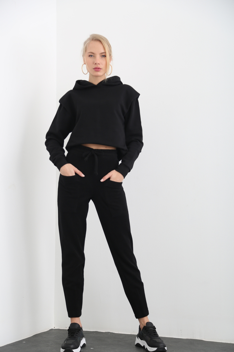 Siyah Şardonlu Vatkalı Sweatshirt 3243